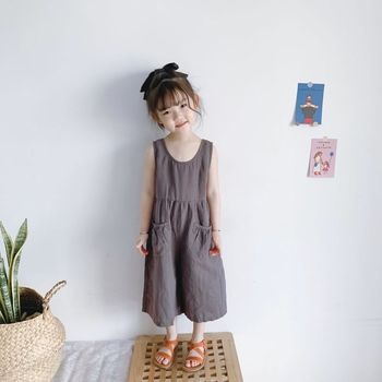 23 summer ສະດວກສະບາຍ retro-style Korean style ຝ້າຍແລະ linen breathable sleeveless jumpsuit ຂາກວ້າງສໍາລັບເດັກຊາຍແລະເດັກຍິງແລະ jumpsuits trendy