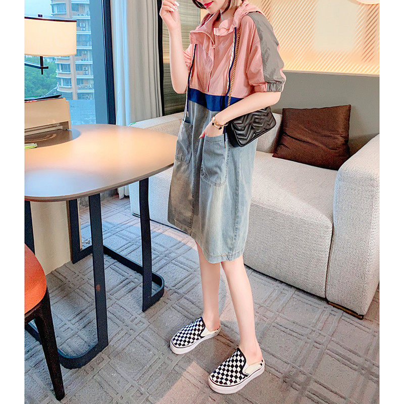 拼接连帽牛仔洋气遮肉夏季连衣裙 绣檬玥连衣裙