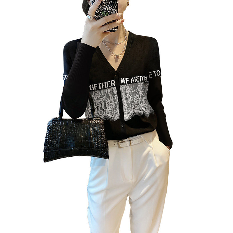 v领蕾丝黑色法式显瘦短款针织衫 绣檬玥毛针织衫