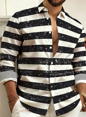 男士条纹印花长袖衬衫上衣Men's striped long sleeved shirt top