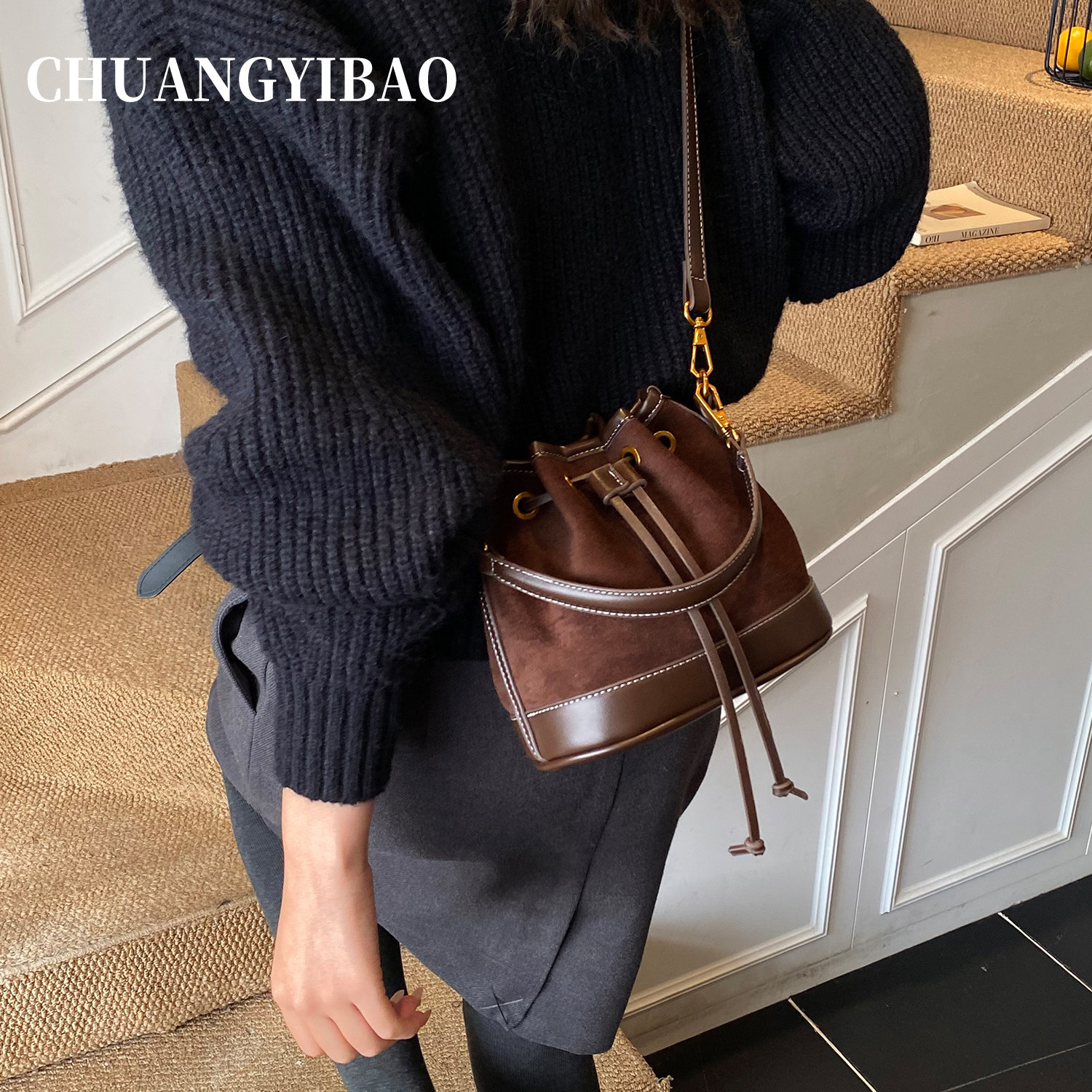 复古抽绳水桶包包女士2025新款秋冬高级感轻奢小众设计斜挎手提包,淘宝优惠券,粉丝福利购,淘宝优惠卷