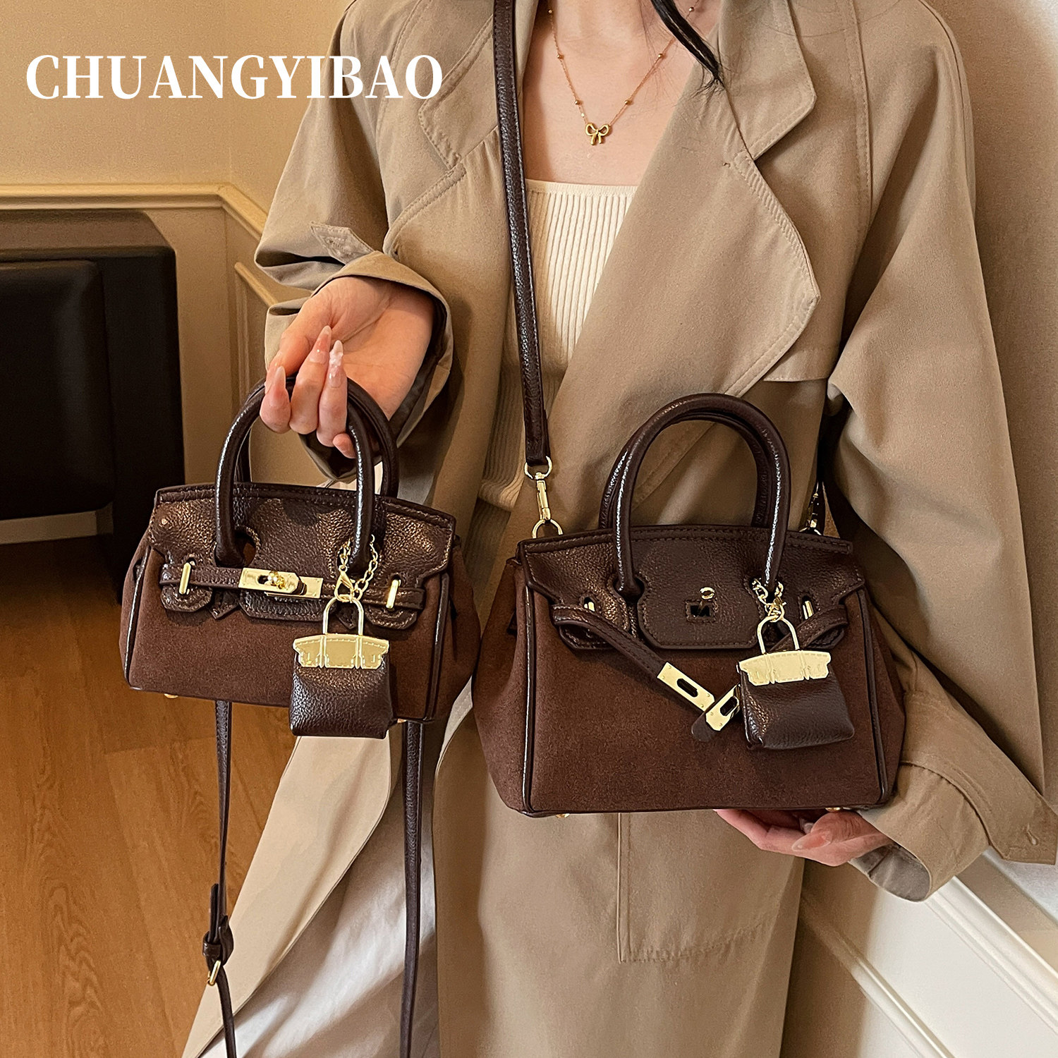 秋冬超火手提麂皮凯莉包包女2025新款轻奢小众高级感通勤斜挎小包,淘宝优惠券,粉丝福利购,淘宝优惠卷