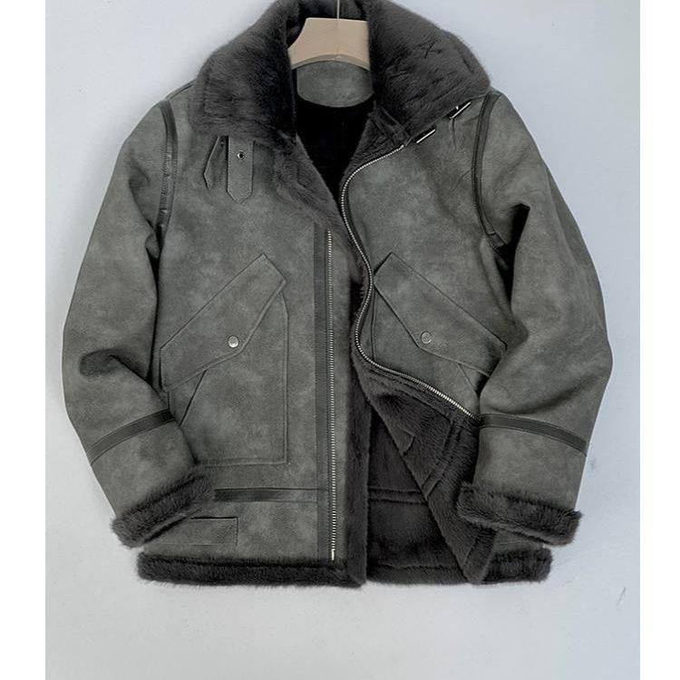 秋冬皮毛一体男外套潮牌麂皮绒加厚保暖夹克男灰色上衣机车服,淘宝优惠券,粉丝福利购,淘宝优惠卷