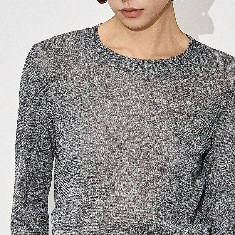 XG/雪歌XL401606B884灰色亮丝长袖T恤2025冬季新款修身圆领上衣女 - 图1