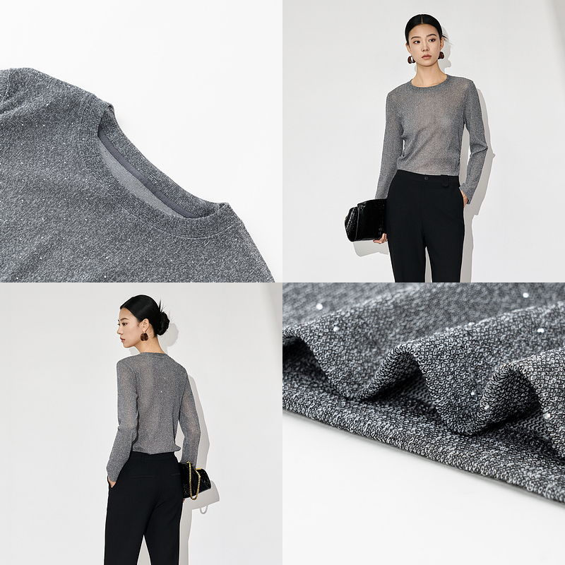 XG/雪歌XL401606B884灰色亮丝长袖T恤2025冬季新款修身圆领上衣女 - 图2
