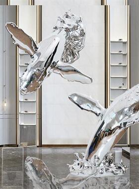 酒店大堂落地海豚雕塑艺术品售楼处别墅展厅玻璃钢电镀软装置摆件