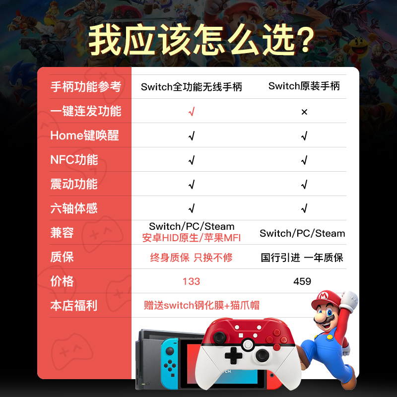 AOLION澳加狮任天堂switch PRO手柄NFC连发体感震动唤醒ns lite无线蓝牙游戏pc怪物猎人崛起amiibo全功能手柄 - 图3