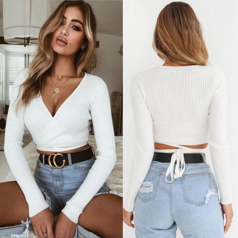 White Khaki Long Sleeve T shirt Cross V-neck Sexy Crop Top - 图2