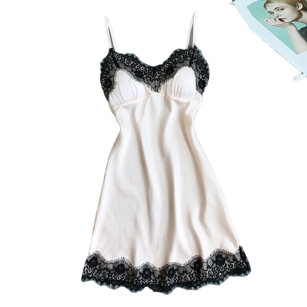 Pajamas Women Sexy V Neck Lace Trim Sling Nightdress吊带睡裙-图3