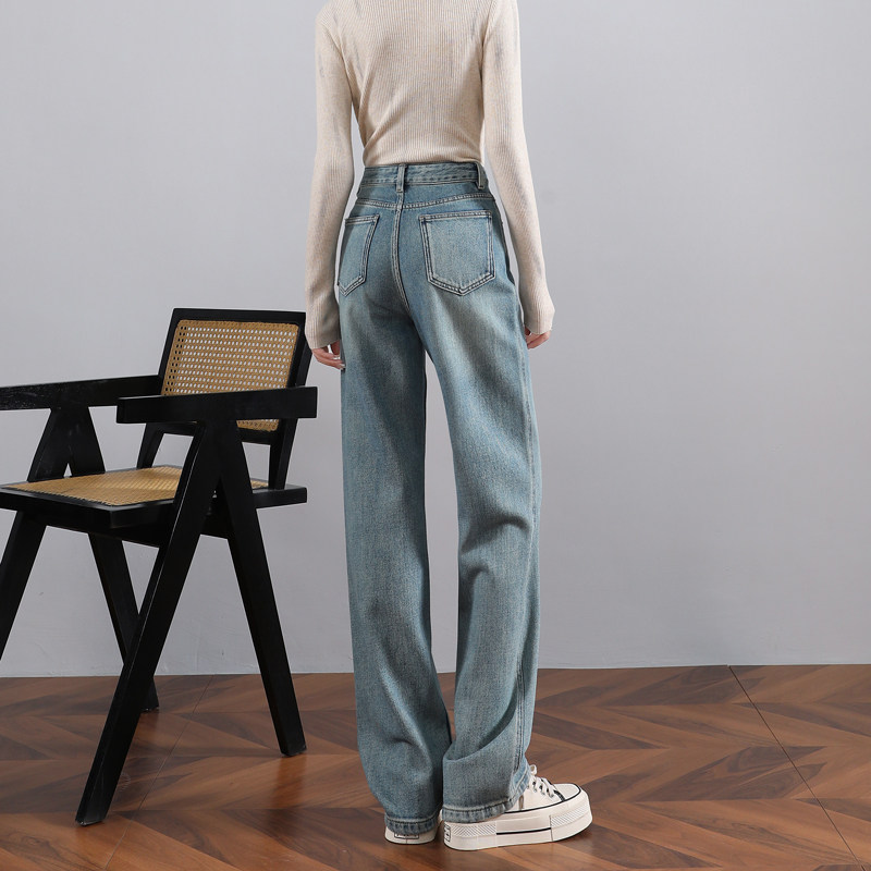 深蓝色窄版直筒牛仔裤女秋冬新款时尚宽松显瘦加绒百搭阔腿拖地裤,淘宝优惠券,粉丝福利购,淘宝优惠卷