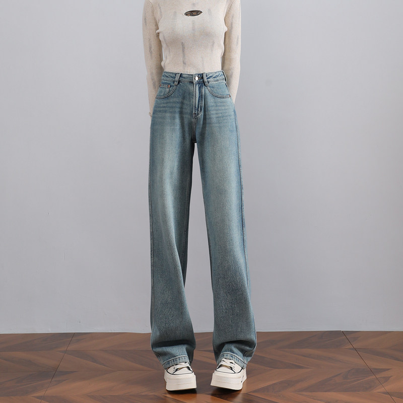 深蓝色窄版直筒牛仔裤女秋冬新款时尚宽松显瘦加绒百搭阔腿拖地裤,淘宝优惠券,粉丝福利购,淘宝优惠卷