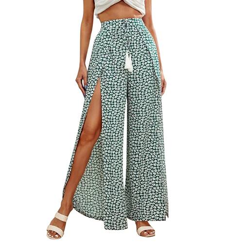 度假系带腰开叉阔腿裤 lace-up waist high slit wide leg pants - 图3