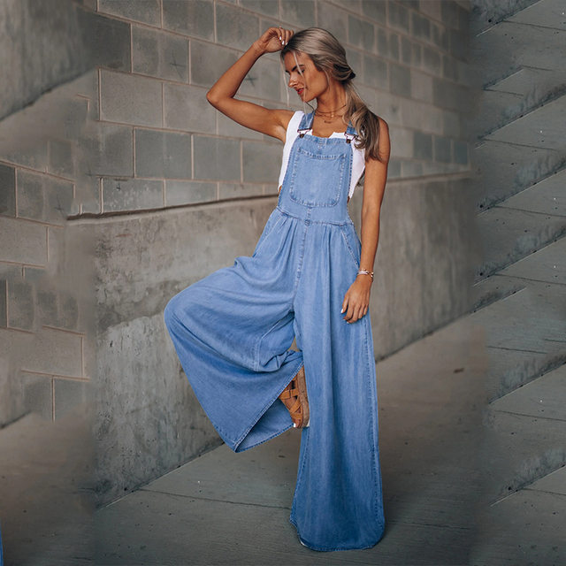 2021 Amazon wish cross-border summer new women's loose side pocket sleeveless denim overalls