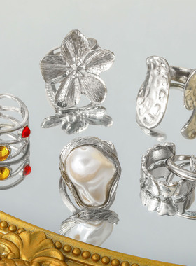 New flower opening ring with pearl inlaid gemstone ring戒指