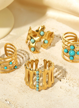 New Ring Gold Turquoise Open Handpiece Ring/Ring欧美关节戒指