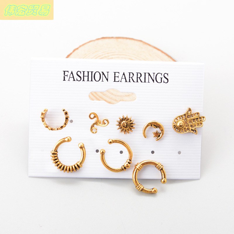 new hot 8pcs Bohemian retro sun moon earrings stud set women - 图1