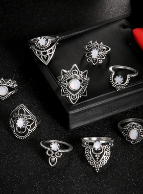 Vintage Jewelry Set Diamond Carving Crown Starry Finger ring