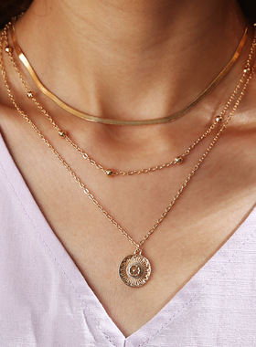 New gold bead flat snake chain three-layer necklace women