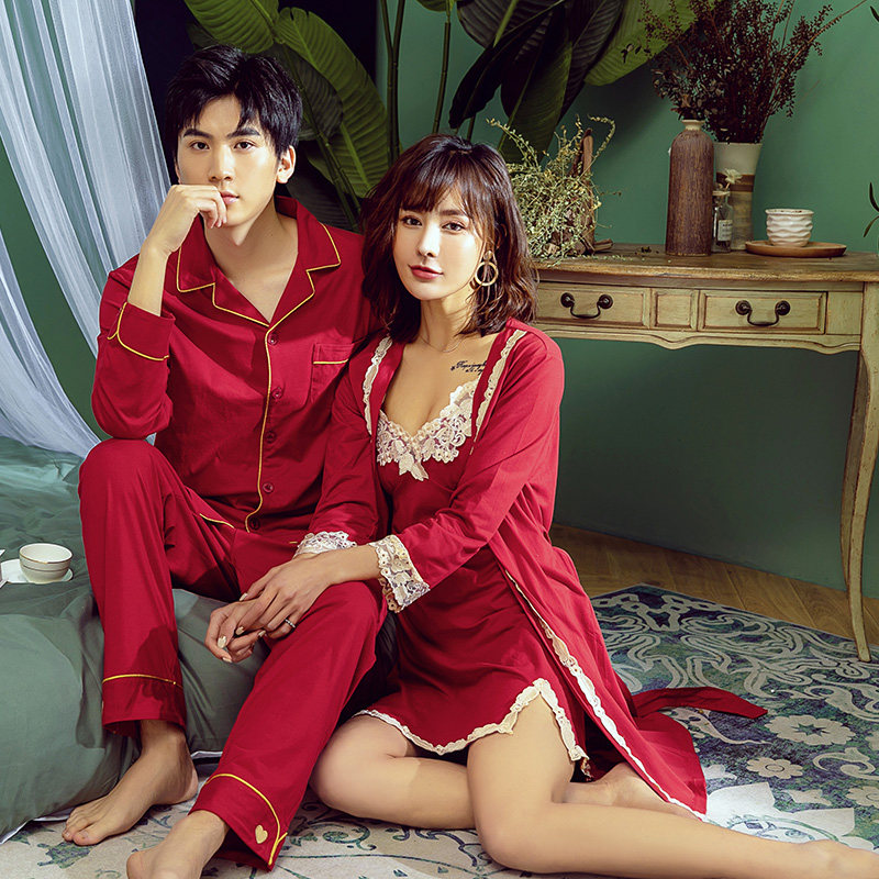 春秋结婚睡裙2021新娘纯棉红色晨袍 莎奈丝睡衣/家居服套装