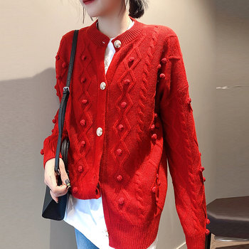 Clearance ພິເສດ Cherry Red Retro Knitted Cardigan ຂອງແມ່ຍິງສັ້ນ Twist Lazy Sweater Jacket Spring ຜະລິດຕະພັນເອີຣົບ