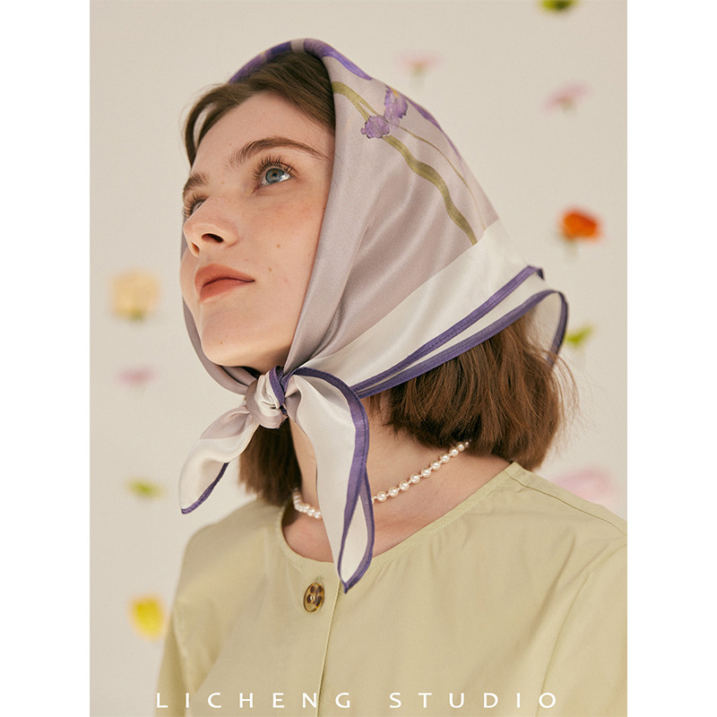 礼诚 紫色鸢尾气质高级桑蚕丝巾女春秋方巾送礼真丝围巾防晒披肩,淘宝优惠券,粉丝福利购,淘宝优惠卷