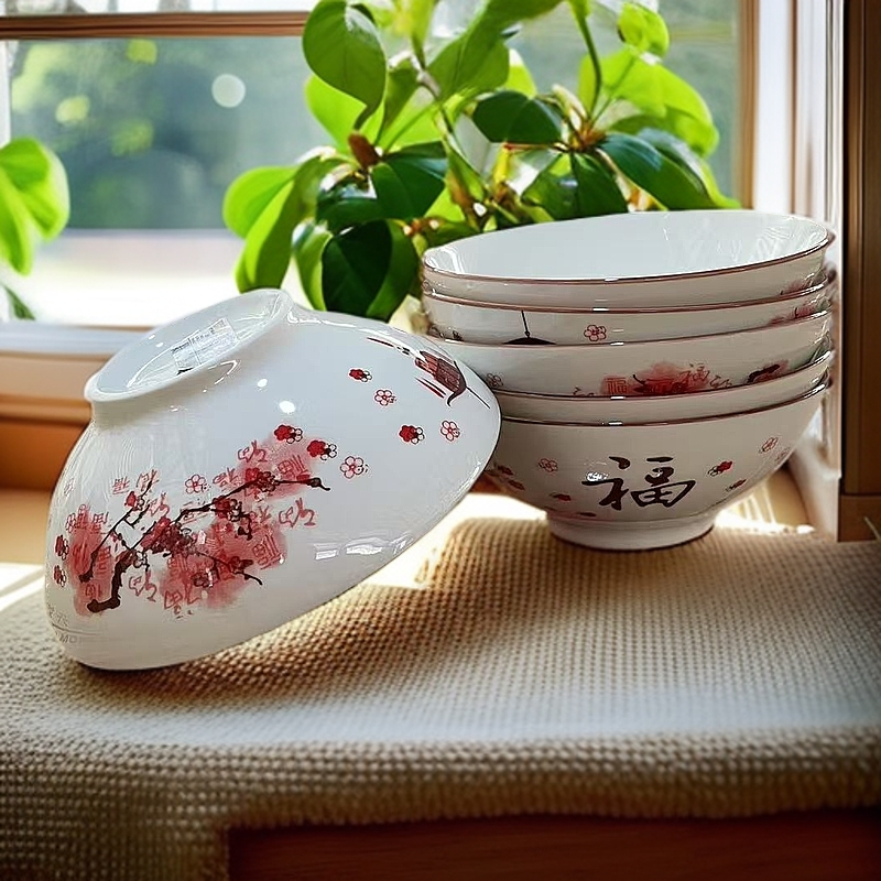 迎春福喜庆老式6英寸碗怀旧复古面碗家用陶瓷大饭碗喝粥装扣肉碗