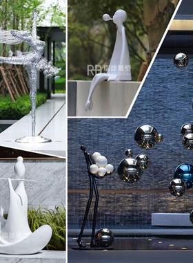 不锈钢镜面抽象艺术人物雕塑定制别墅庭院景观水景发光金属摆件