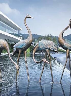 户外仿铜仙鹤售楼处玻璃钢雕塑公园林假山水池装饰酒店落地大摆件