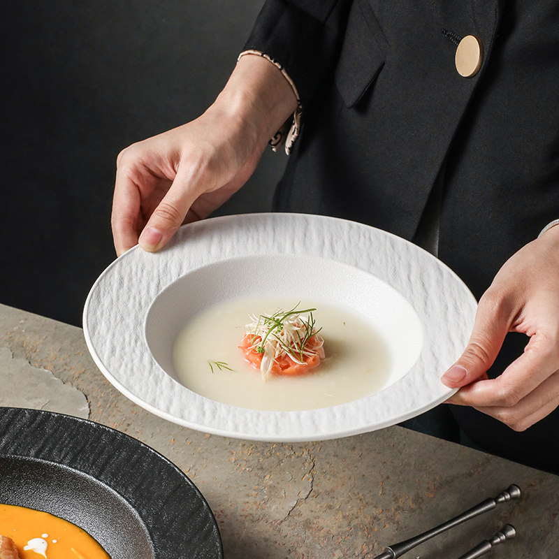 西餐餐具白色岩石草帽碗轻奢陶瓷沙拉碗西餐厅意面盘子商用草帽盘,淘宝优惠券,粉丝福利购,淘宝优惠卷