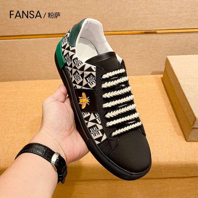 欧洲站板鞋男休闲百搭透气布鞋轻奢潮流大牌小蜜蜂真皮印花小黑鞋,淘宝优惠券,粉丝福利购,淘宝优惠卷