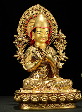 闯隆铜鎏金雕花宗喀巴大师像摆件