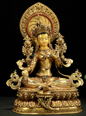 闯隆铜鎏金雕花绿度母铜雕像摆件