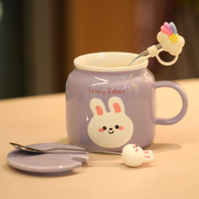 创意陶瓷马克杯带盖兔兔喝水杯情侣家用可加热办公室咖啡杯礼盒装 - 图3