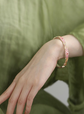 999足银民族风牡丹花新中式珐琅手镯女高级感实心镯子小众设计