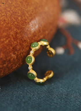 复古撞色925纯银和田碧玉女生戒指可调节小众个性七星环设计指环