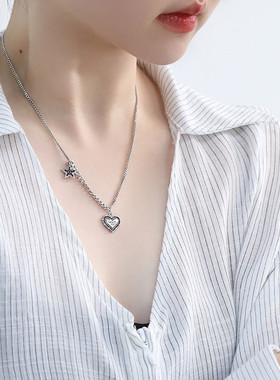 925银爱心心形项链女休闲风锁骨链女高级感小众设计链子毛衣链