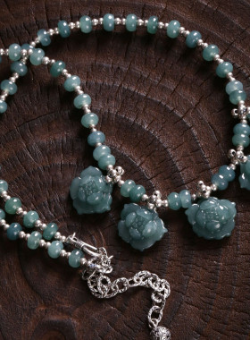 925银翡翠A货牡丹花吊坠女项链女算盘珠祥云珠新中式锁骨链饰品