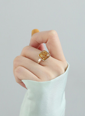 925银方形琥珀戒指女国风新中式轻奢高级感小众设计指环饰品