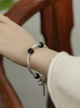 足银999玛瑙算盘手链女复古民族风2025年小众设计感文艺手环饰品