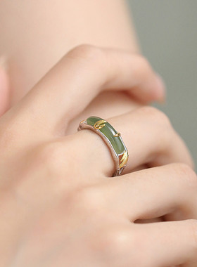 925银和田玉竹节戒指女2025小众设计新中式国风指环食指尾戒女