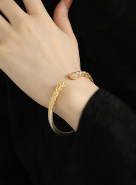 足银999开口描金手镯女高级感实心金箍棒镯子手环国风新中式百搭