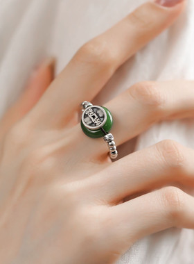 925银和田玉碧玉平安扣戒指女复古个性编织可调节指环百搭饰品