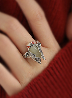 925银和田玉夏蝉复古国风戒指女小众民族风新中式设计感指环饰品