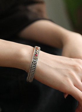 足银999珐琅如意双鱼开口手镯女复古算盘民族风实心镯子手环饰品