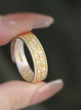 999足银花朵国潮风珐琅戒指女指环小众设计新中式食指高级感首饰