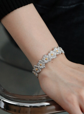 925纯银复古菊花开口手镯女轻奢高级感2025年民族风小众实心镯子