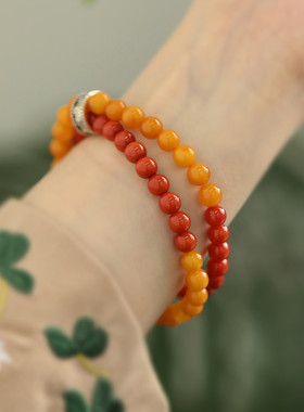 925纯银南红玛瑙琥珀蜜蜡珠珠手链国风新中式设计感双层手串首饰