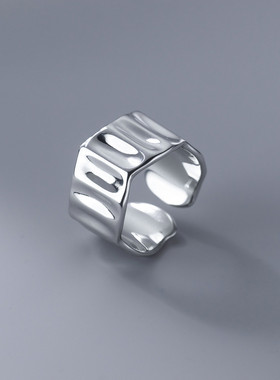 925银几何长方形戒指女栅栏镂空可调节指环时尚百搭气质个性饰品