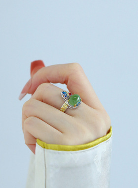 生日礼物925银烧蓝和田玉葫芦戒