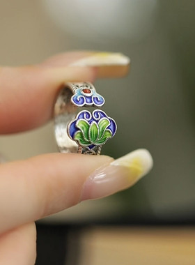 925银复古新中式国风景泰蓝莲花戒指女轻奢小众设计食指戒高级感